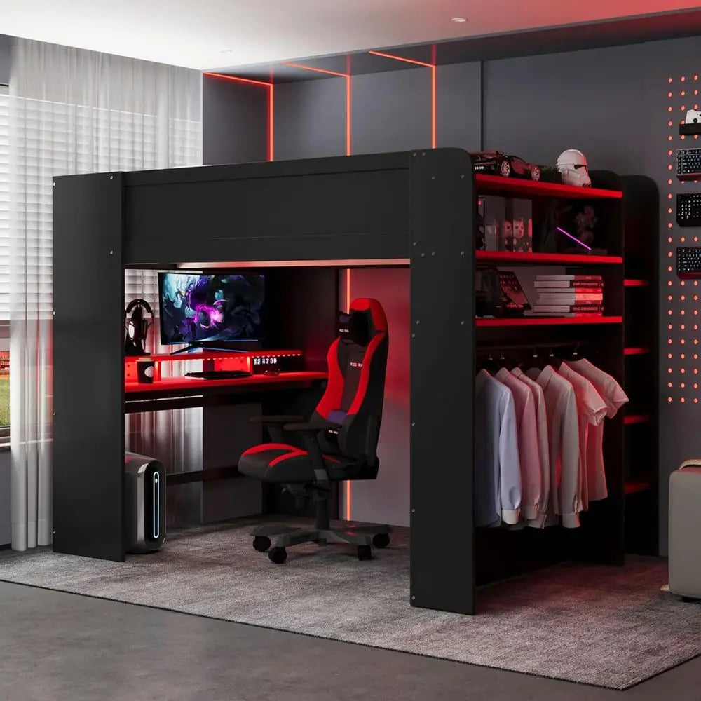 ull Size Gamer Lot Bed with Height-Adjustable Desk,Wardrobe,Ample Storage Space,and RGB Light, Wooden Bunk Bed or Gaming Setup (