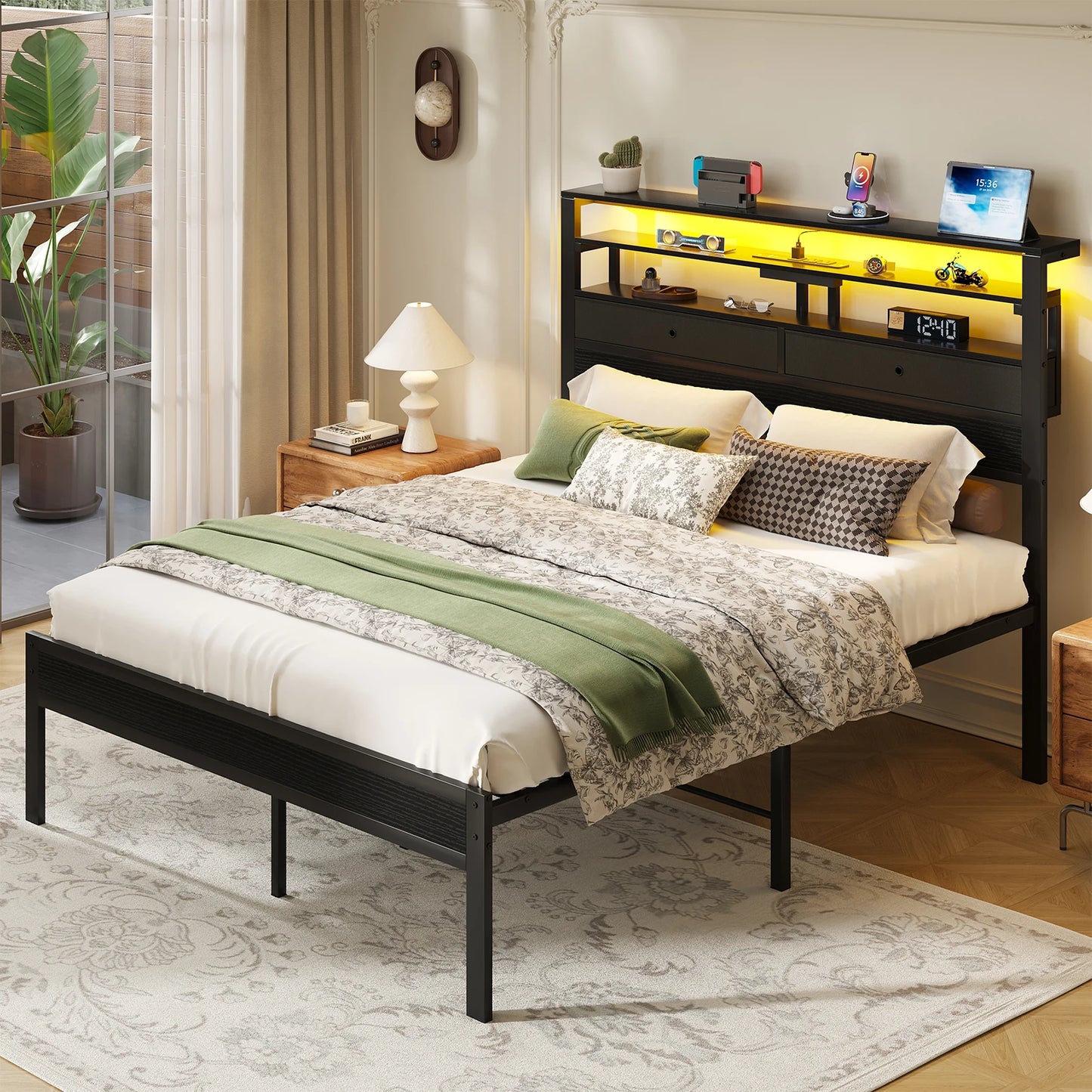 Metal Platform Bed Frame With Integrated Storage Led Headboard