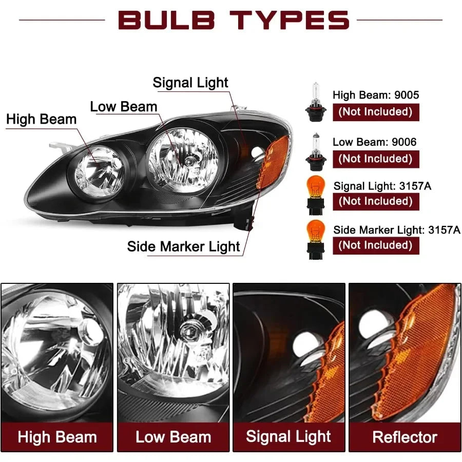 Headlight Assembly for 20032008  Corolla Passenger and Driver Side with Black Housing and Amber Reflector Enhanced Visibility a