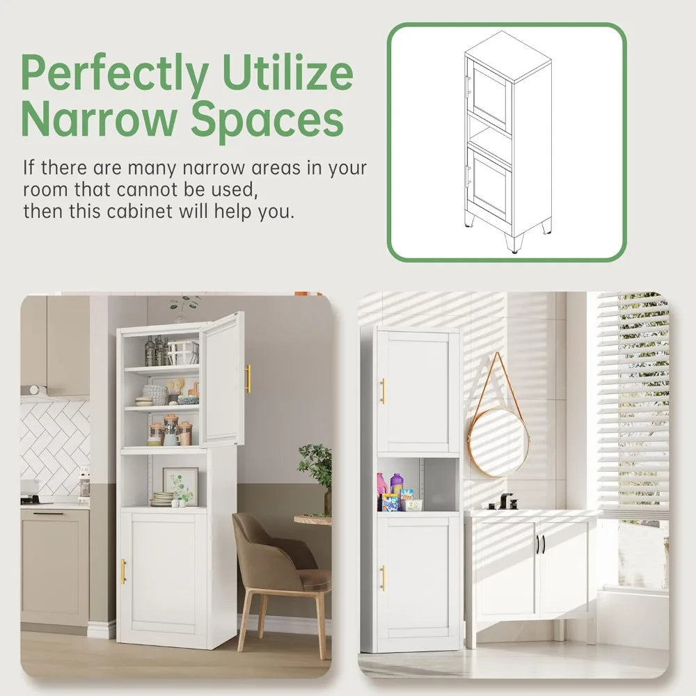 Tall Narrow Storage Cabinet with 4 Adjustable Shelves for Kitchen Bathroom Home Office Living Room Dining Room in White