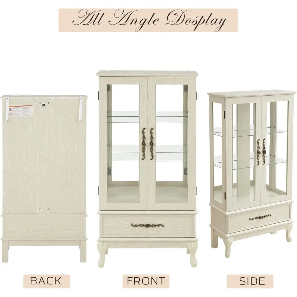 3-Tier Antique White Curio Cabinet with Lighted Glass Shelves and Acrylic Panel