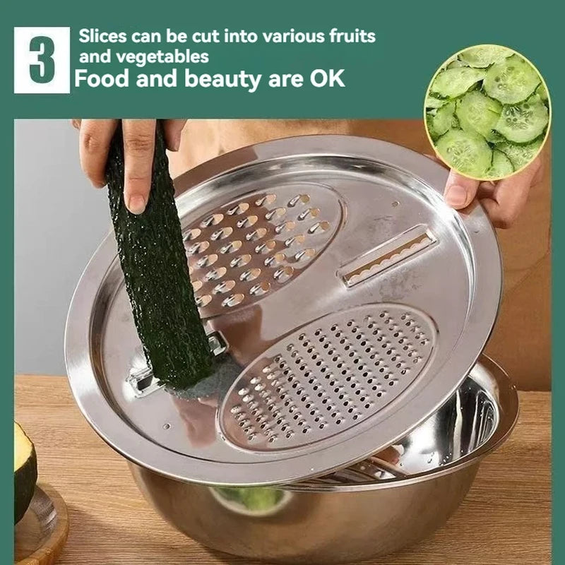 Vegetable Slicer Set 3PCS/1Set Stainless Steel Potato Cutter with Washing Basin Drain Basket Multifunctional Vegetable Chopper