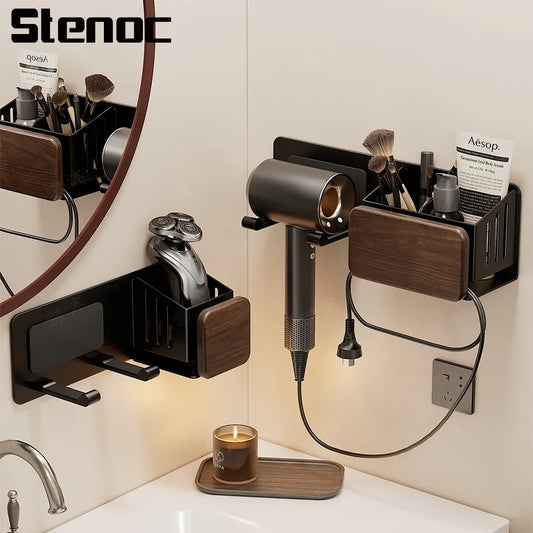 Drill-Free Wall-Mounted Walnut Hair Dryer Storage Rack Hairdryer Organizer Box Toilet Blower Holder Shelf Bathroom Accessories
