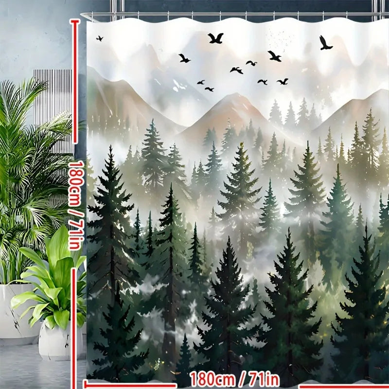 Green Misty Forest Shower Curtain Set Ombre Sage Green White
