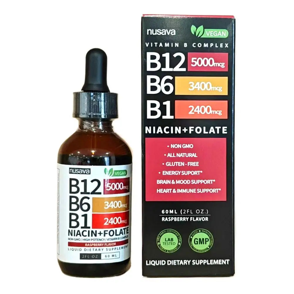 Vitamin B1 B6 B12 Multiple Vitamin B Complex Liquid Drops Raspberry Flavor Vegan Non-GMO Supplement 60ml Per Bottle Daily Supply