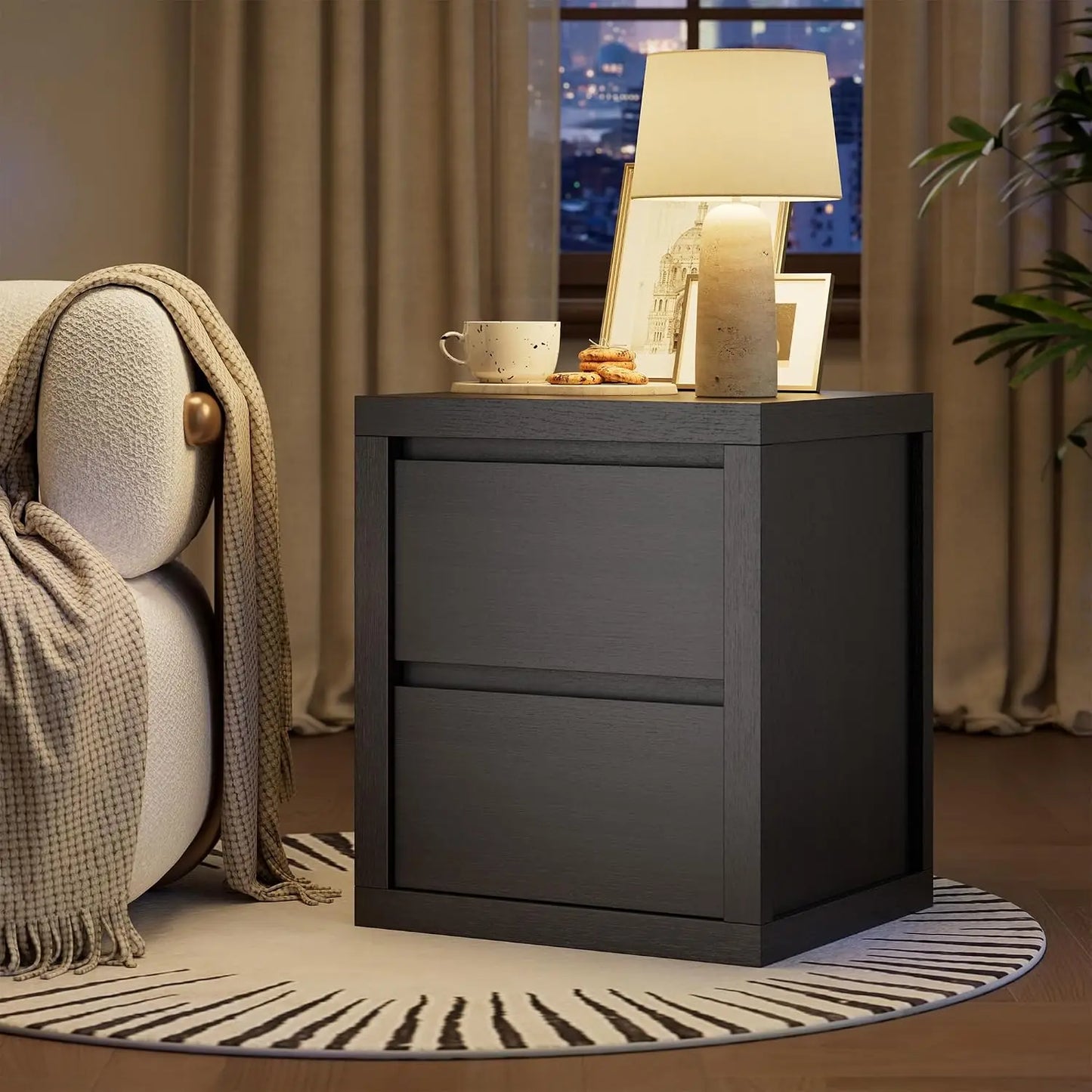 Set of 2 Wooden Nightstands With 2 Handle-Free Storage Drawers, Thickened Bedside End Side Table For Bedroom Black Finish
