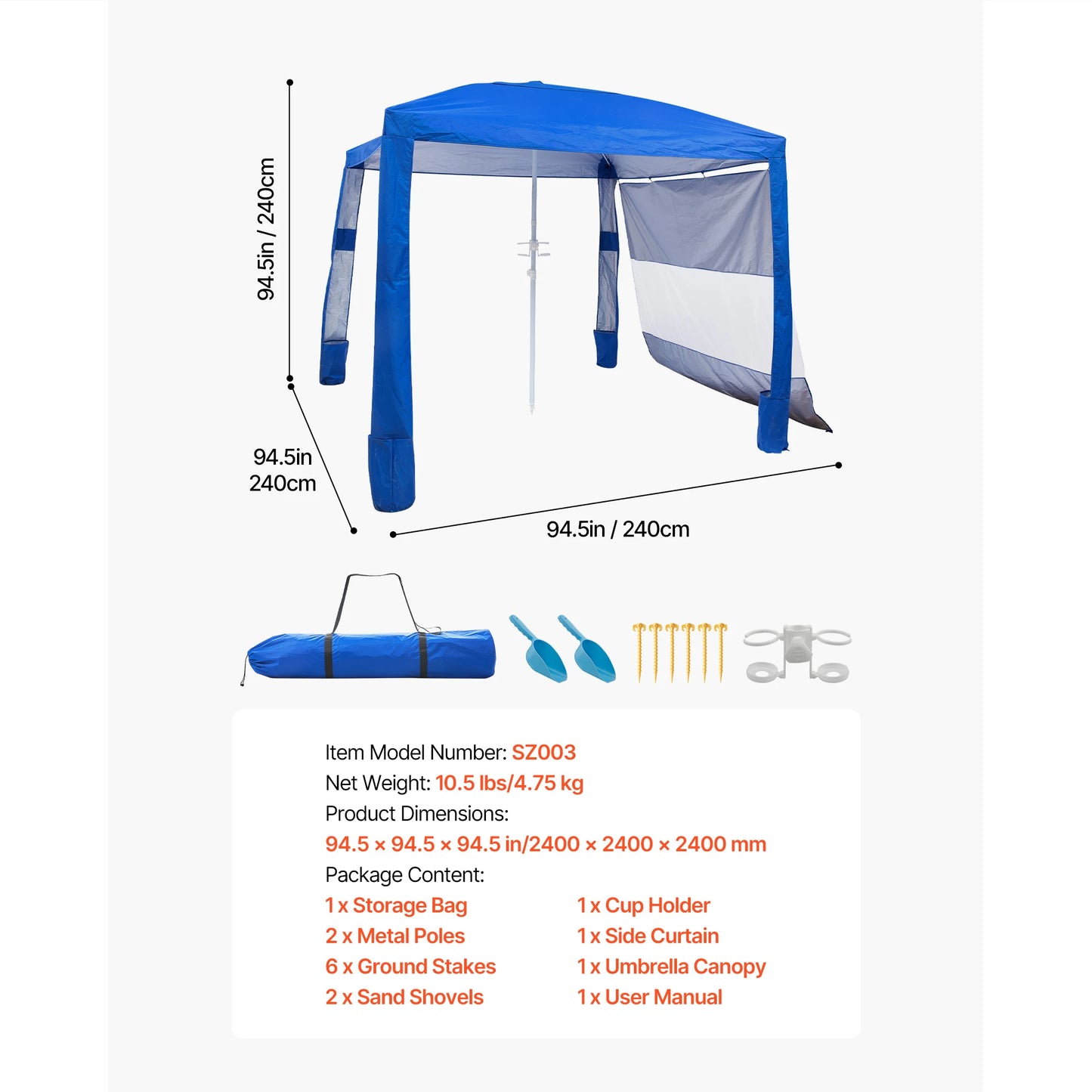 SucceBuy Beach Cabana 8 x 8 ft Adjustable Height Portable UPF 50+ Protection with Side Wall Sand Pockets for Family & Friends