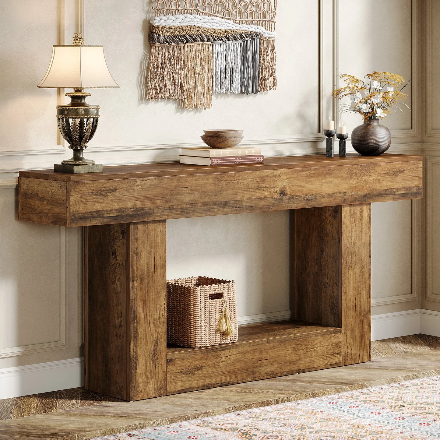 Tribesigns 160 cm Console Table, Farmhouse 2-Tier Entryway Table with U-Shaped Base, Narrow Wood Sofa Table Behind Couch Table