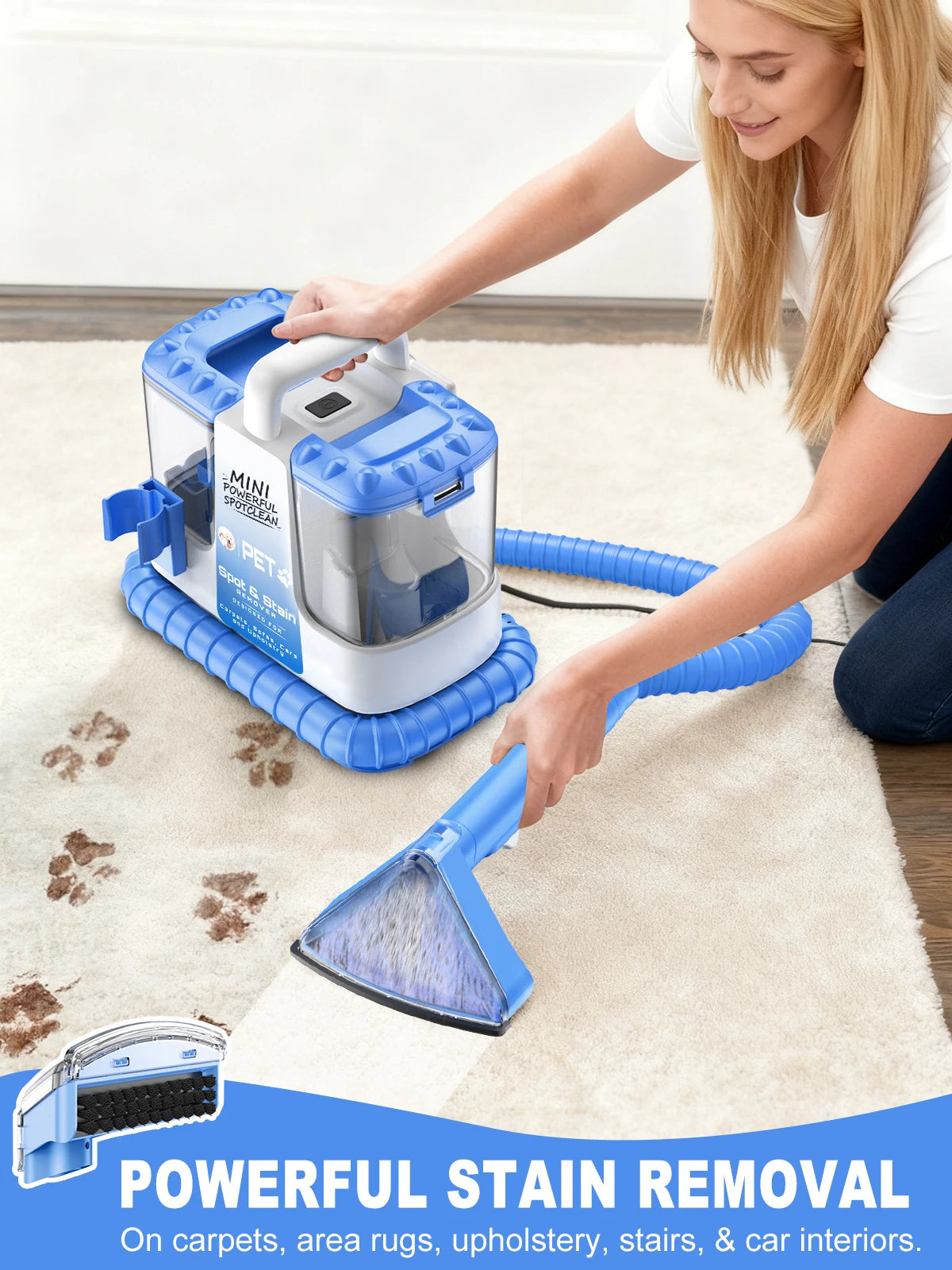 Carpet + Upholstery Cleaner Machine, 32Kpa Powerful Suction w/ 5 Cleaning Tools,Lightweight for Rug,Carpet,Car Seats,Pets,Stairs