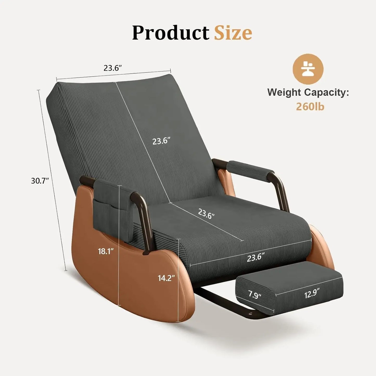 Rocking Chair Nursery, Upholstered Glider Rocking Chair with Side Pocket and Adjustable High Backrest, Foldable, Customized