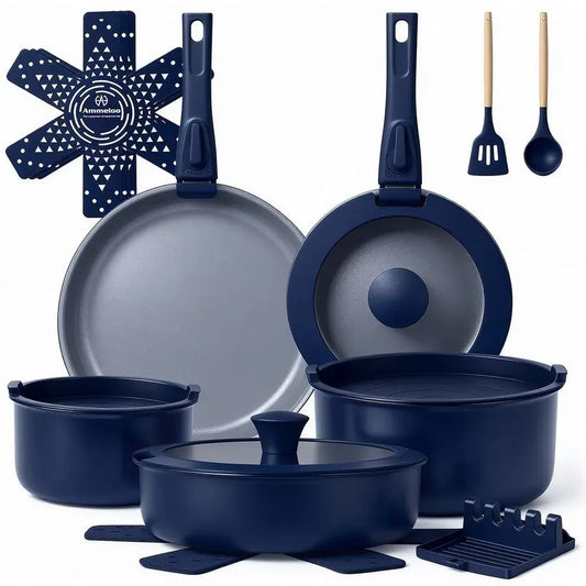 18Piece Ceramic Pots and Pans Set Non Stick, Non Toxic Cookware Set with Removable Handles, Pot Sets for Cooking, Induction Read