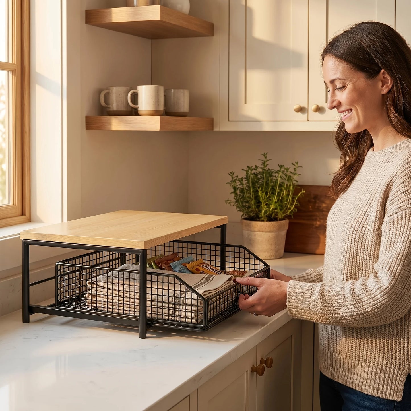 Kitchen Counter Storage Rack with Metal Drawer, Solid Wood & Metal Pull-Out Organizer for Coffee Maker, Microwave And Tableware