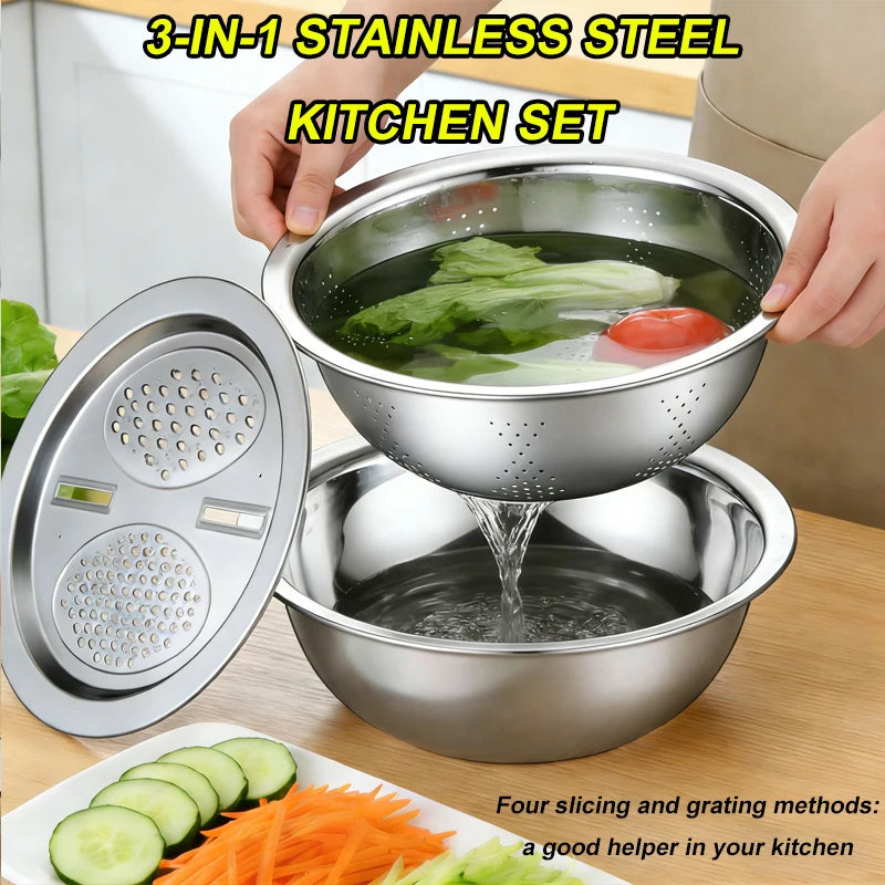 Vegetable Slicer Set 3PCS/1Set Stainless Steel Potato Cutter with Washing Basin Drain Basket Multifunctional Vegetable Chopper