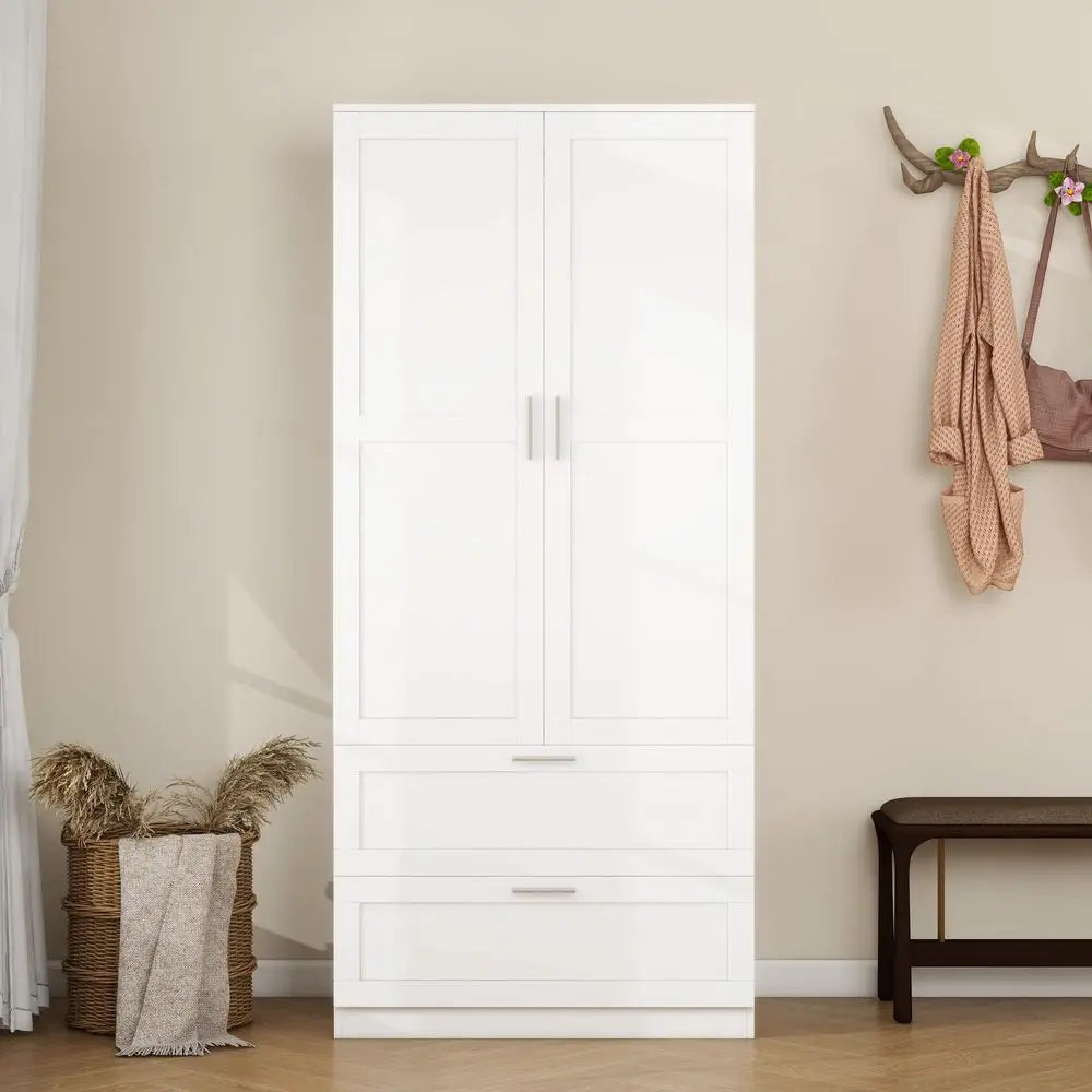 Modern 2 Doors 2 Drawers Bedroom Armoires Wardrobe Clothes Storage Closet with Hanging Rod, Wooden Bedroom Freestanding Wardrob