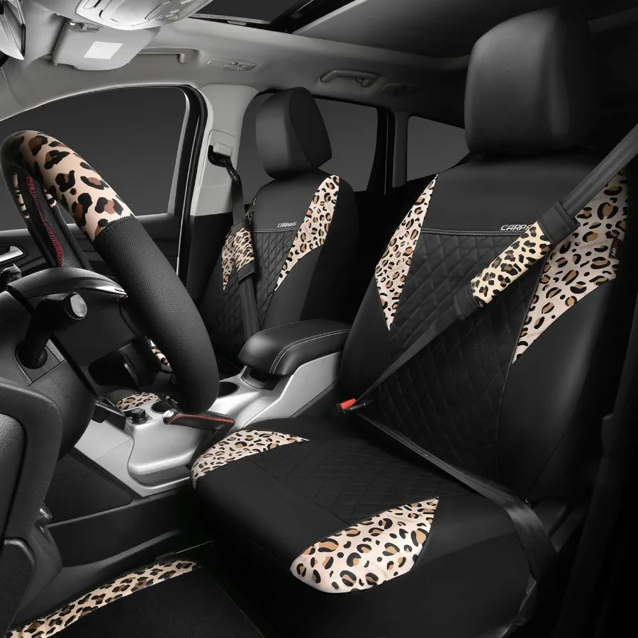 Leopard Print Faux Leather Car Seat Covers Car Mats Steering Wheel Cover and Seat Belt Pad Set with Universal Fit for SUVs Vans