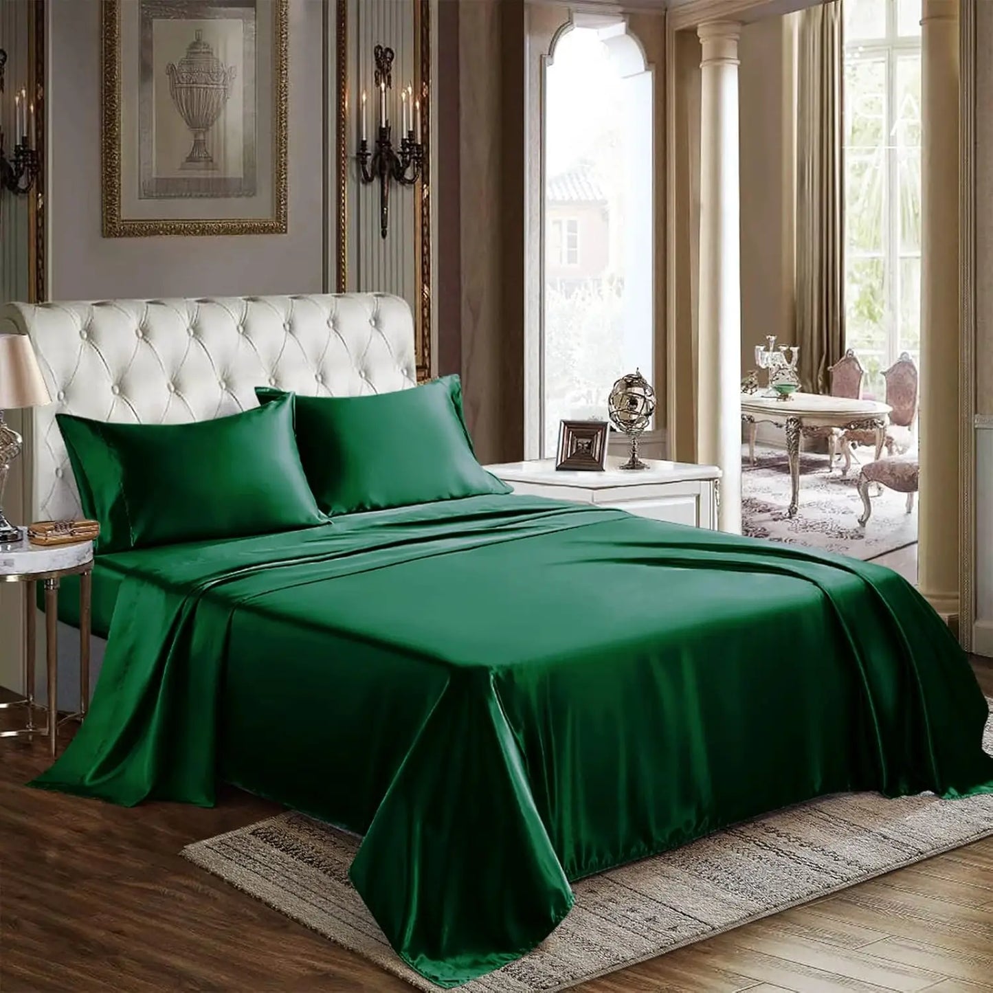 Satin Sheets Queen Size 4 Piece Bed Sheet Set with Silky Deep Pocket Fitted Sheet Flat Sheet and 2 Pillowcases