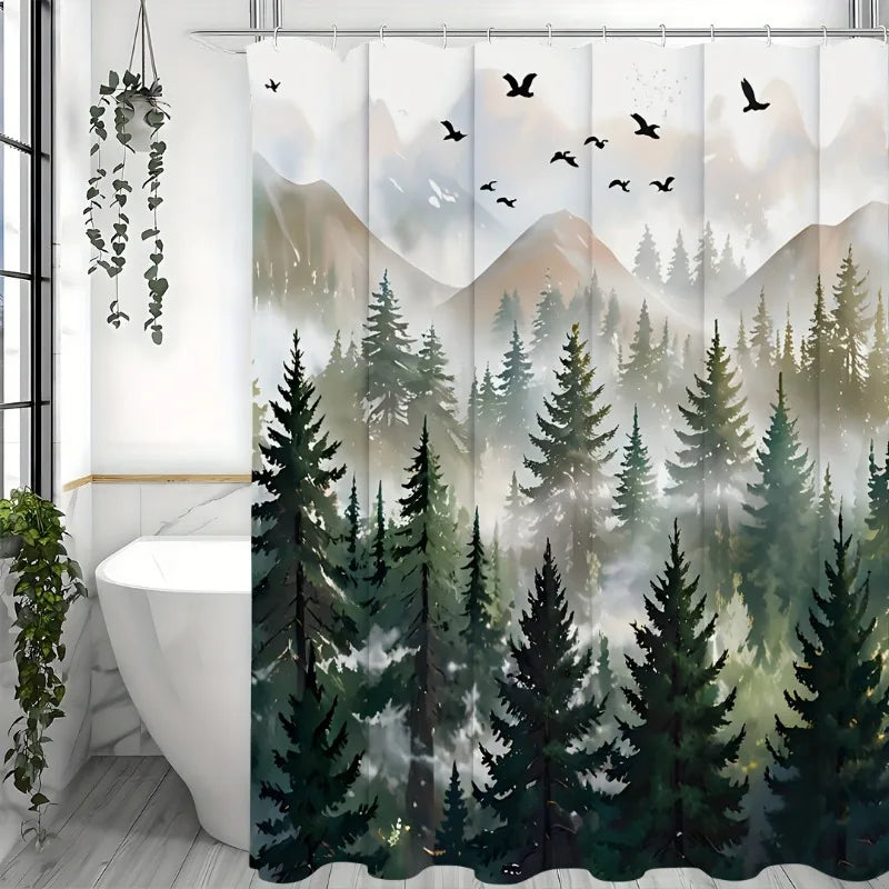 Green Misty Forest Shower Curtain Set Ombre Sage Green White