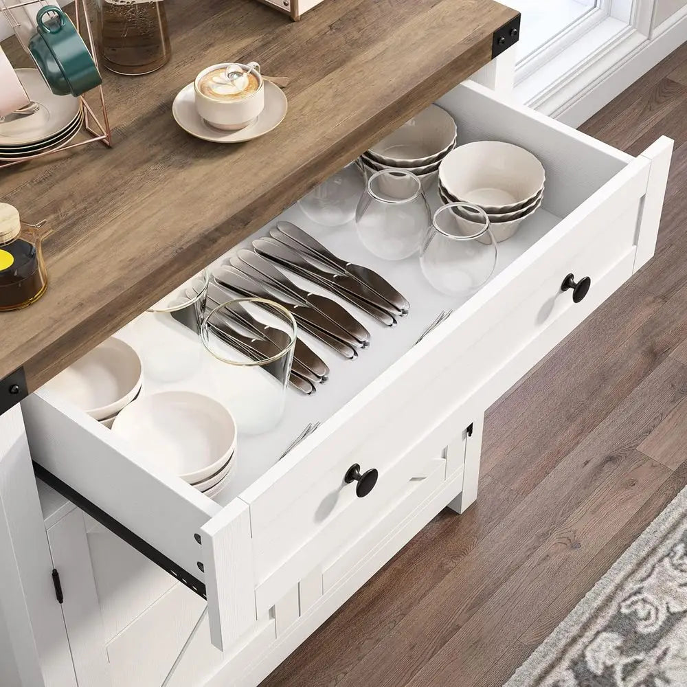 White Barn Door Accent Cabinet for Kitchen, Dining, and Entryway Storage with Drawer and Adjustable Shelves