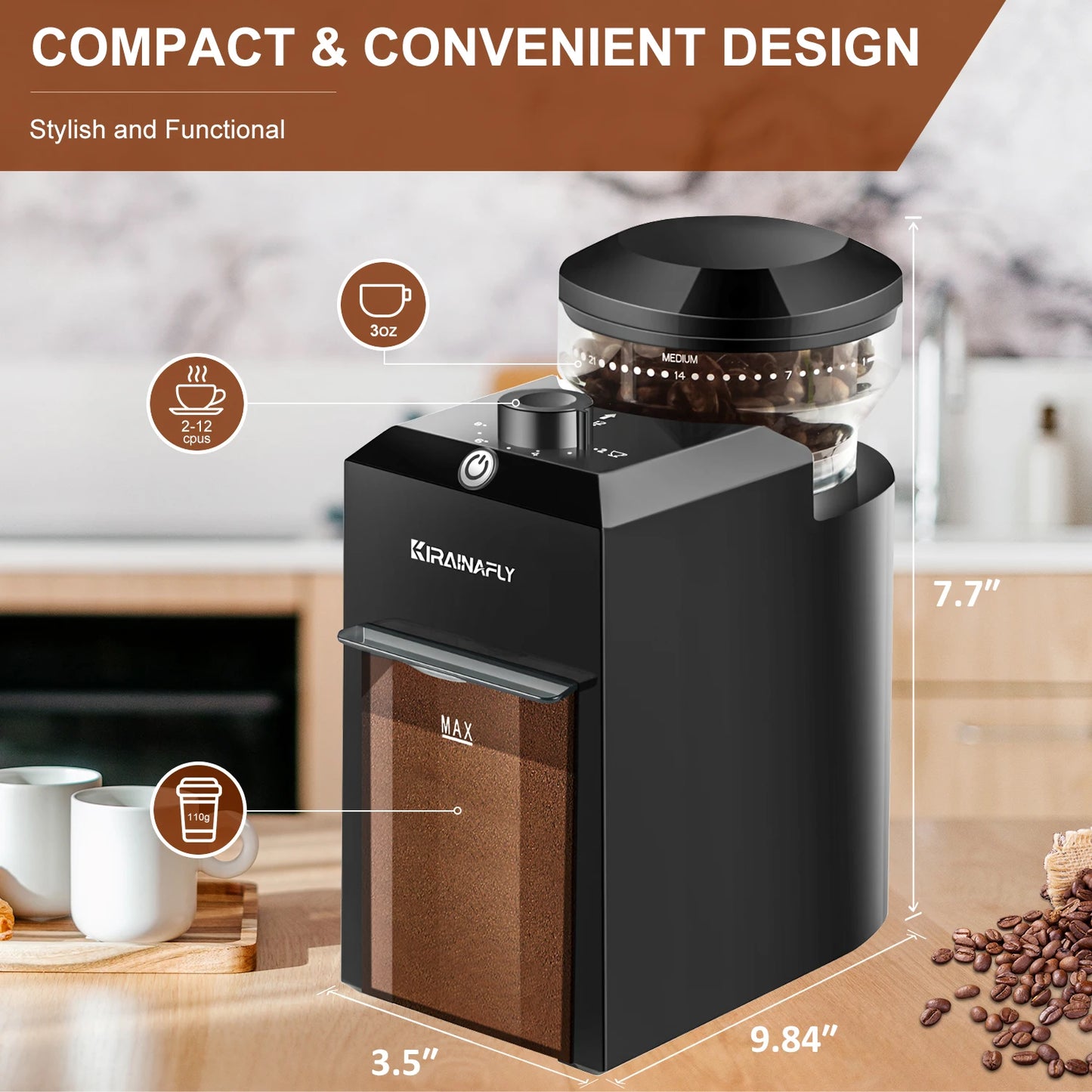Automatic Burr Mill Coffee Grinder Electric Coffee Bean Grinding With 28 Adjustable Gears