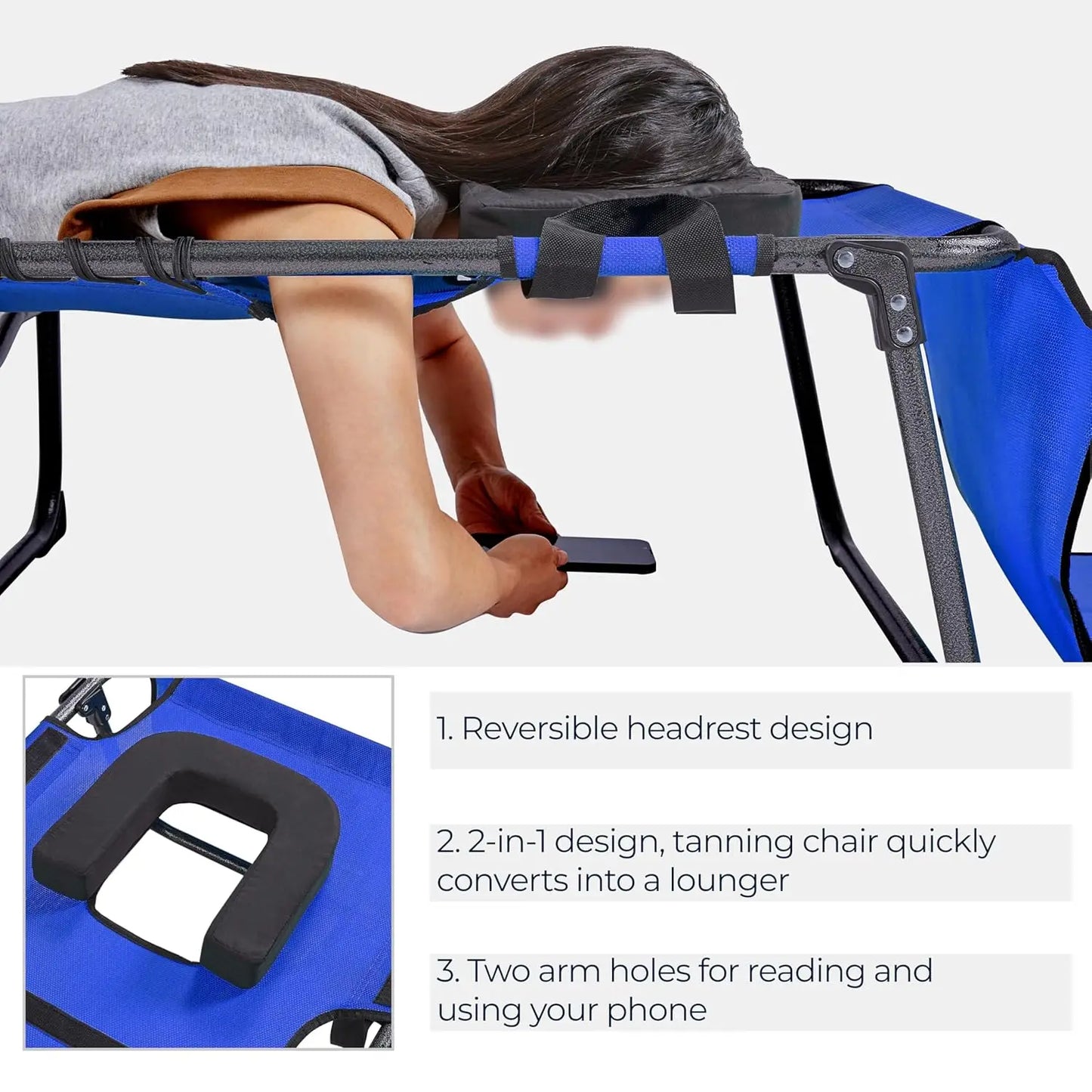 22.4" Tanning Chair with Face Hole, Adjustable 5-Position Folding Chaise Lounge Chairs, Outdoor Lounge Chairs for, Customized