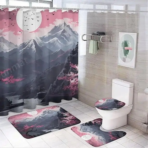 elegant watercolor cherry blossom shower curtain and rug set - nature-inspired bathroom decor with waterproof feature
