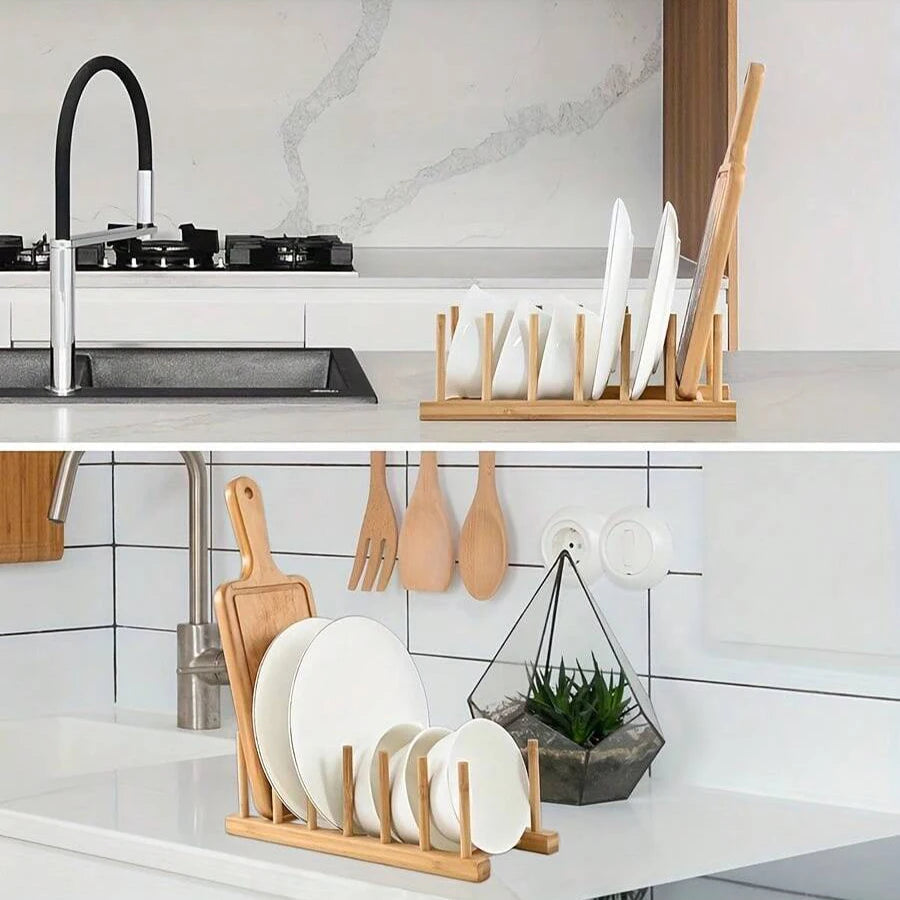 1/2pcs Bamboo Dish Plate Bowl Cup Book Pot Lid Cutting Board Drying Rack Stand Drainer Storage Holder Organizer Kitchen