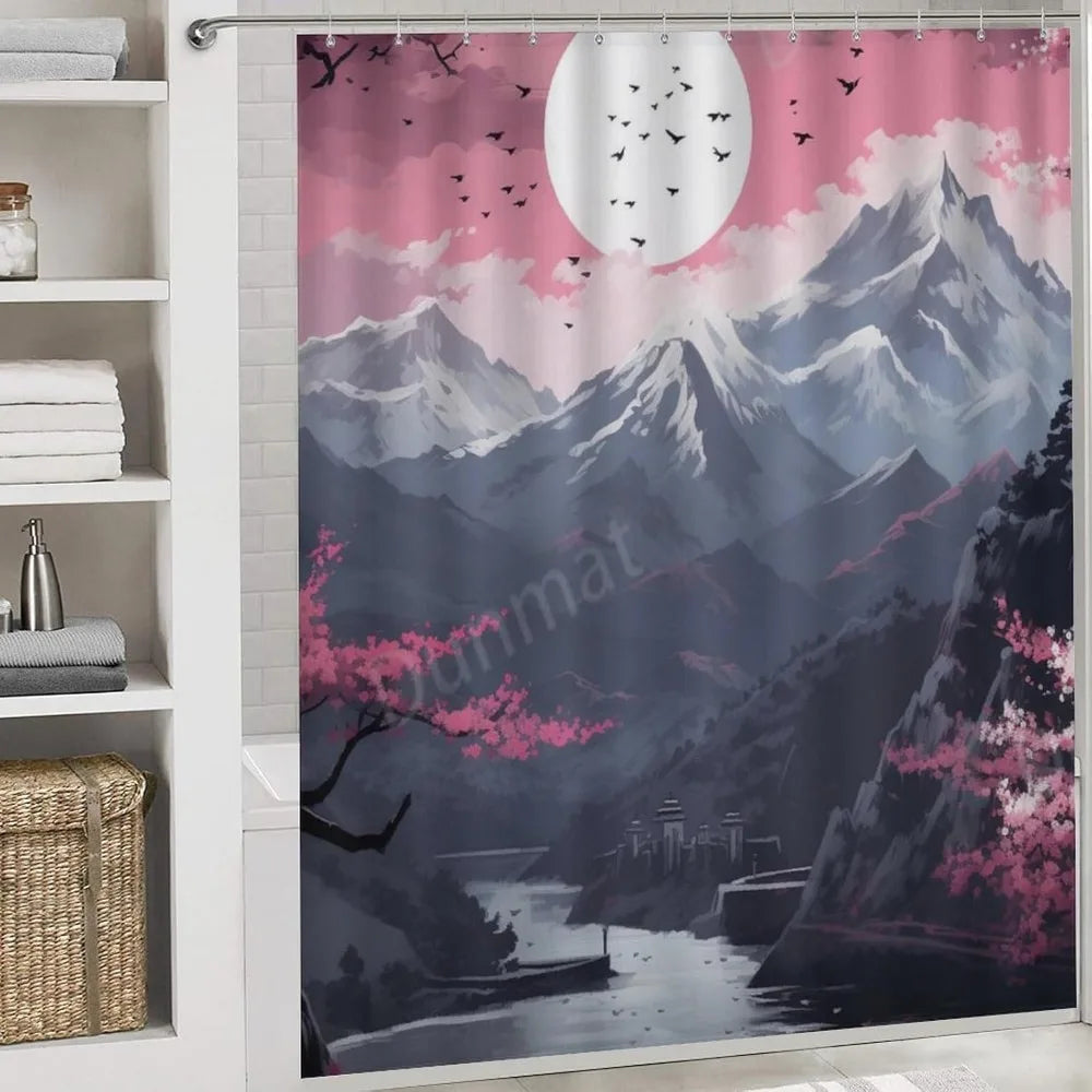 elegant watercolor cherry blossom shower curtain and rug set - nature-inspired bathroom decor with waterproof feature