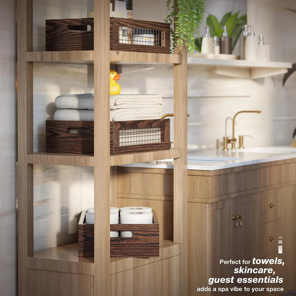 2 Pack Rustic Wooden Nesting Crates, Wall Mount Storage Baskets with Full Accessories, Multipurpose Organizer for Kitchen Pantry Bathroom Fruit Bread