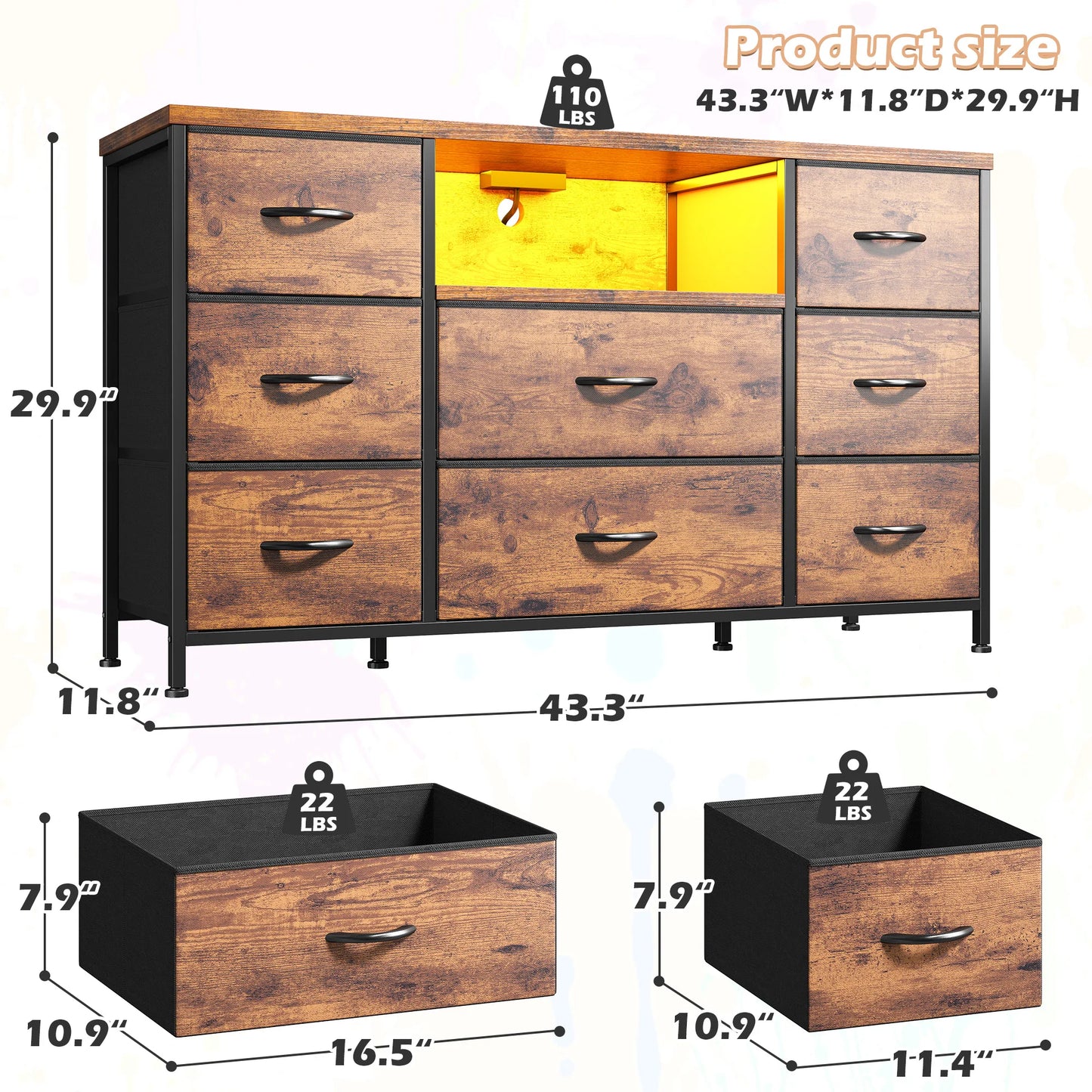 EnHomee 8-Drawer Media Dresser with LED Lighting & Built-in Charging Station - Fabric Storage Cabinet for 55" TVs, Ideal for Bedroom