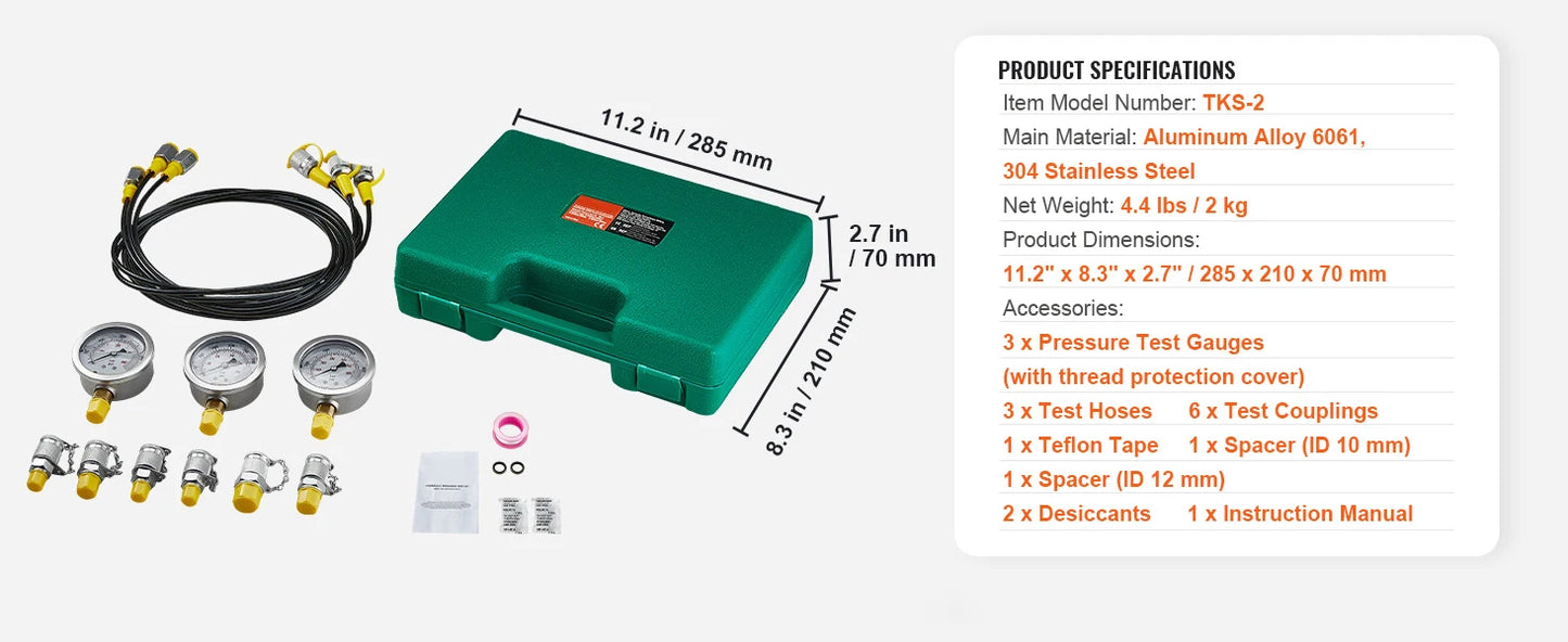 SucceBuy Hydraulic Pressure Test Kits Excavator Hydraulic Test Gauge Sets with Carrying Case for Excavator Tractors Machinery