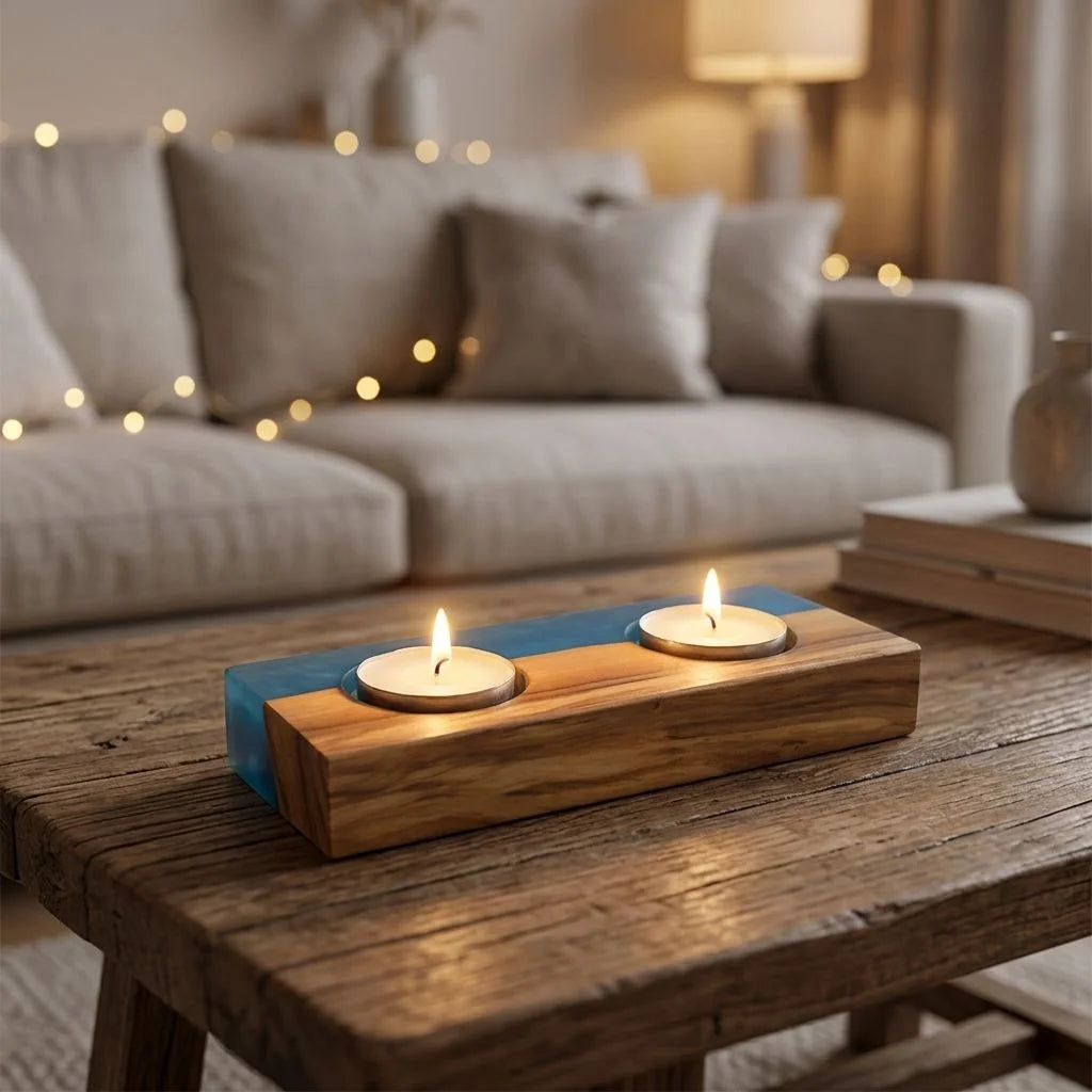Epoxy Resin and Olive Wooden Candle Holder for Wedding Party Dinner Square Candle Stand Tealight Holder Shabbat Candle Holders