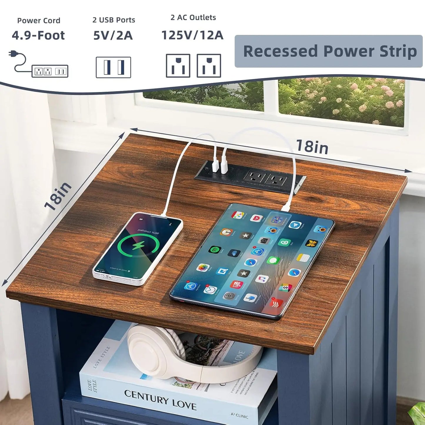 18" Farmhouse Night Stands Set of 2 with Charging Station, 2 Drawers End Table Dresser for Bedroom, Blue Wooden, Customized