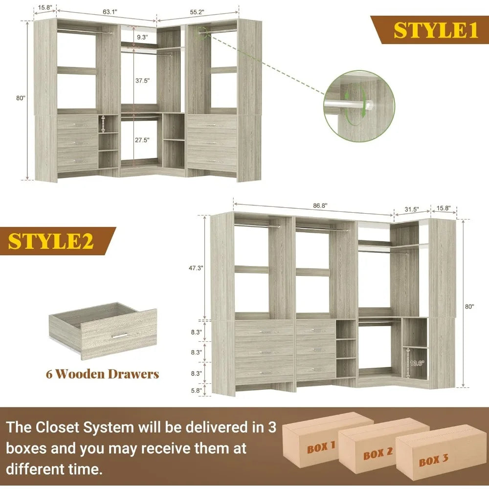 Closet System with 6 Drawers, 4 Hanging Rods & Corner Tower