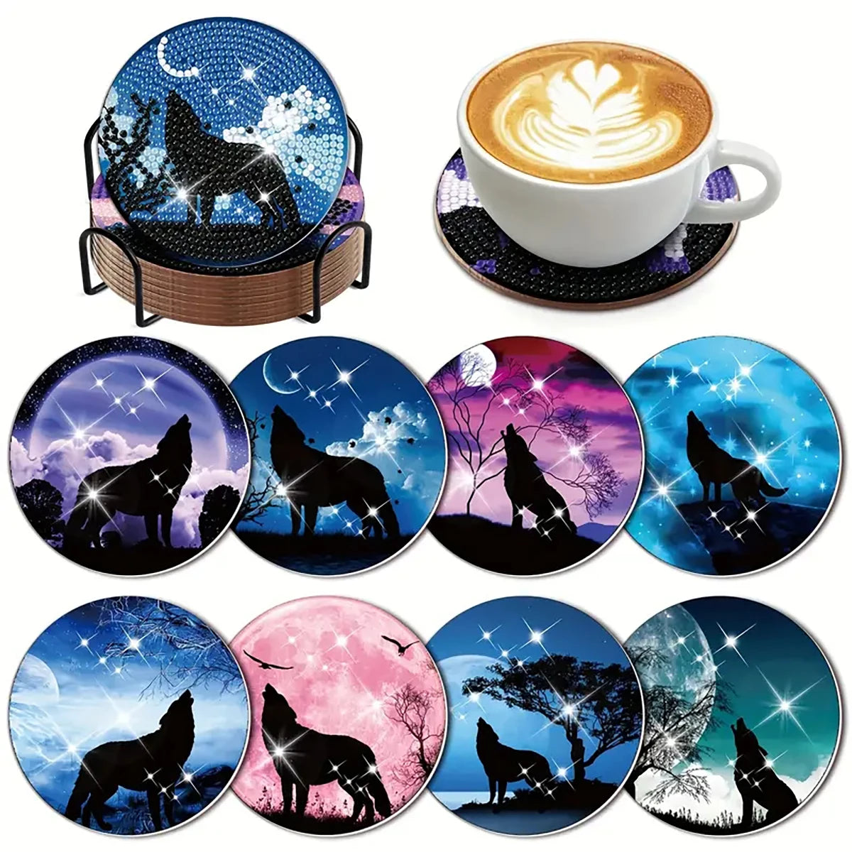 8 pieces/set of dog, beach, lighthouse pattern diamond painted coaster set, sparkling rhinestone heat-resistant beverage mat wit
