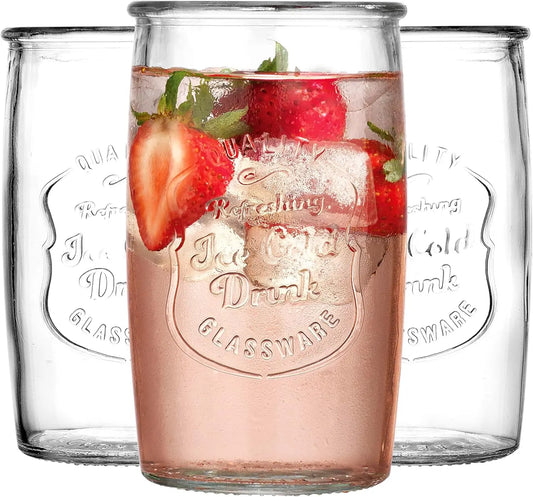 Vintage Italian Style Clear Tumbler Set of 4, 20 Oz Elegant Glassware for Drinks, Cocktails, and Beverages