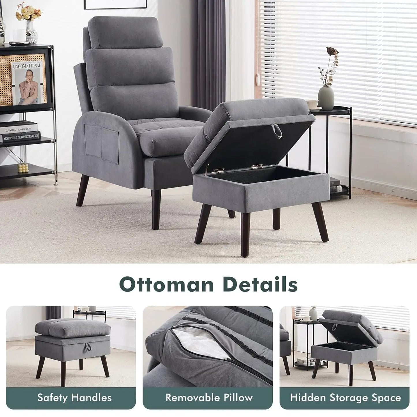 Accent Chair with Ottoman, Comfy Reading Chair and Ottoman Set, Modern Oversized Velvet Lounge Armchair with, Customized