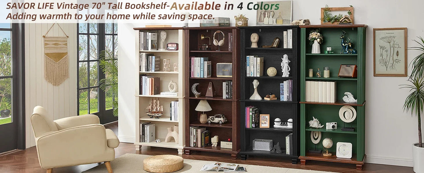 SAVOR LIFE 70" Tall Walnut Bookshelf,5 Tier Wooden Book Shelf with Adjustable Shelves & Wood Legs,Free Standing Farmhouse