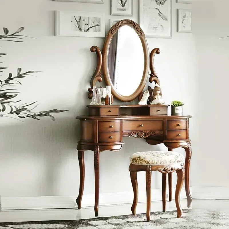 -European Solid Wood Mirror Table Bedroom Dresser Amercia Princess Furniture Dark Villa Luxury Carved Makeup Table Dressing Tabl