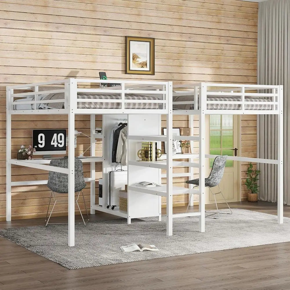 Twin Size Metal Bunk Bed with Desk, Charging Station, Wardrobe, and Storage Shelves, White