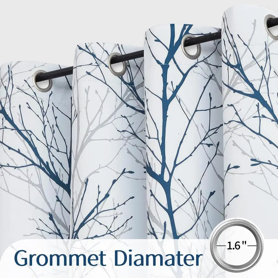 100 Blackout Curtains for Bedroom, Blue White Tree Curtains 84 Inches Long for Living Room, Grey Farmhouse Room Darkening Window