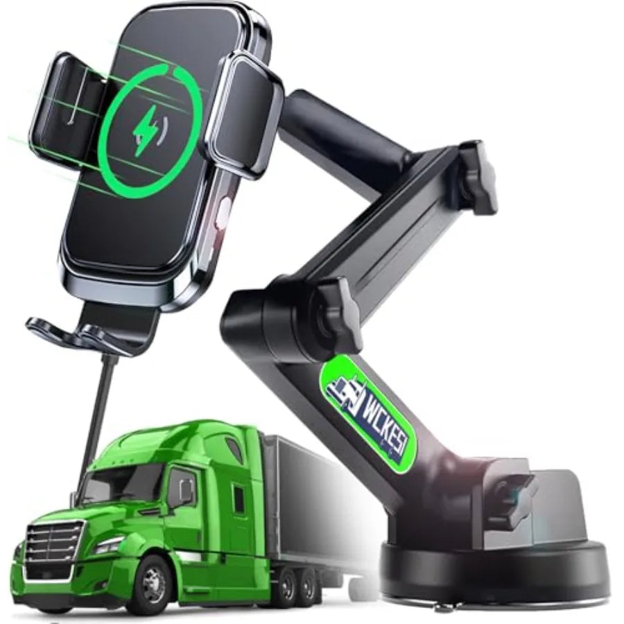 Truck Phone Holder Wireless Car Charger Mount, 15W Fast Charging Vacuum Phone Holder 14 Inch Long Arm Heavy Duty Pickup Windshi