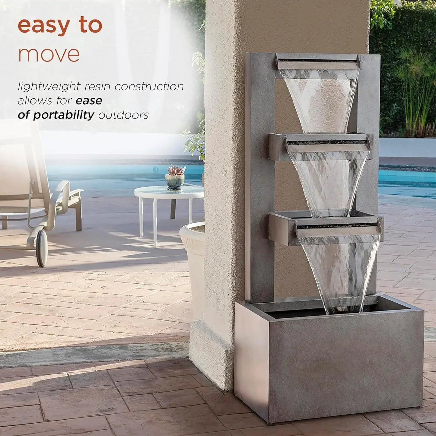 43" Tall Multi-Tier Waterfall Fountain - Industrial Style Water Feature for Garden, Patio, Yard, Backyard, Relaxing Water Flow,