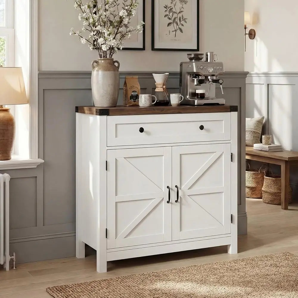 White Barn Door Accent Cabinet for Kitchen, Dining, and Entryway Storage with Drawer and Adjustable Shelves