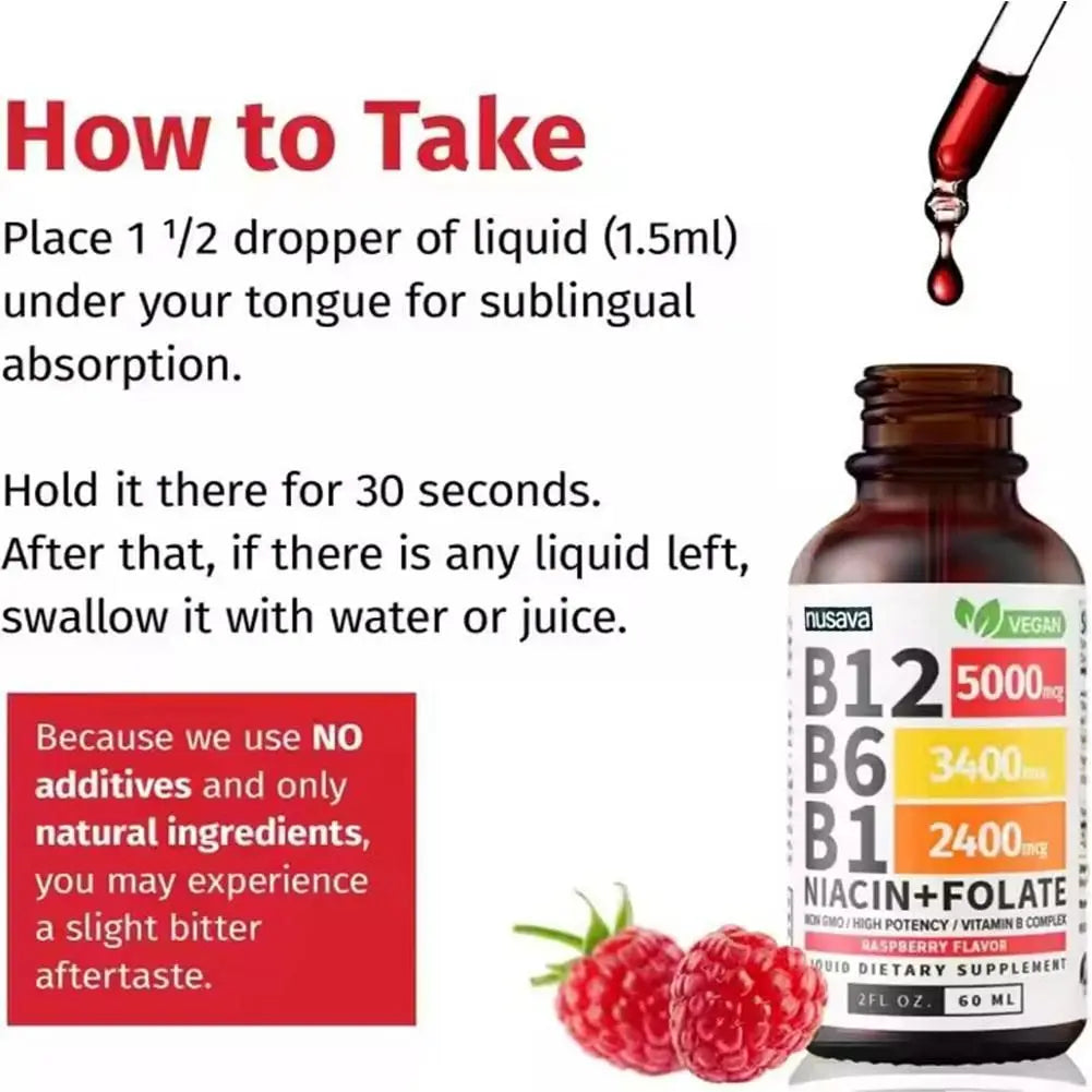 Vitamin B1 B6 B12 Multiple Vitamin B Complex Liquid Drops Raspberry Flavor Vegan Non-GMO Supplement 60ml Per Bottle Daily Supply
