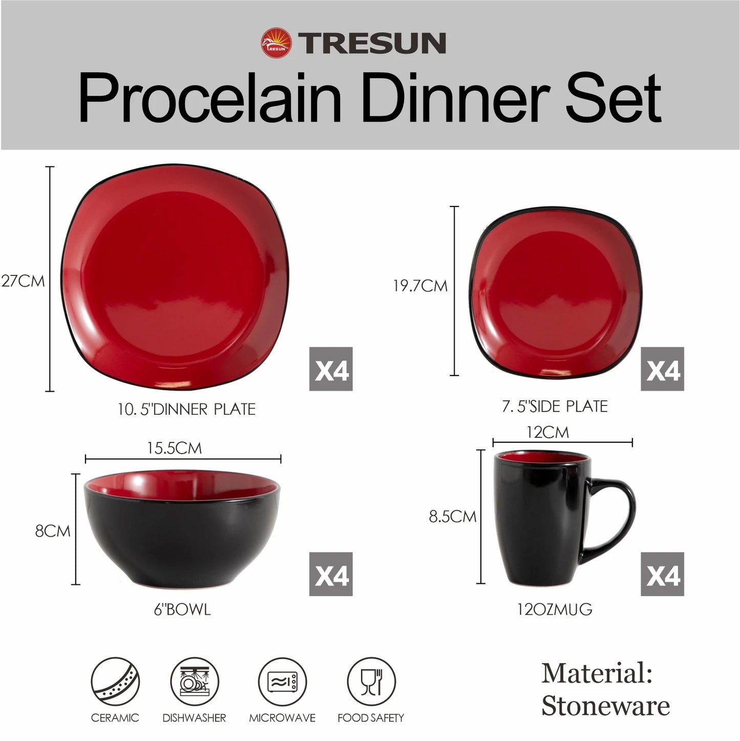 2025 Nordic Modern China Crokery Irregular 16 Pcs Glossy Red Black Modern Tableware Stoneware Ceramic Dinner Dinnerware Set