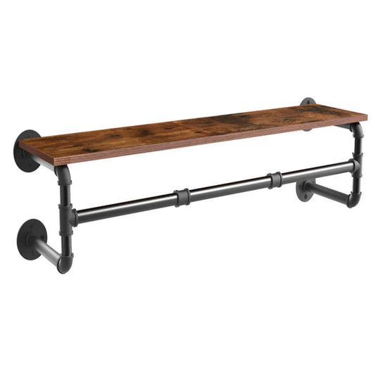 Industrial Pipe Clothes Hanging Rack with Wood Shelf Wall Mounted