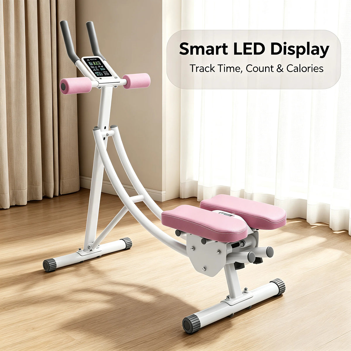 Ab Trainer Machine with LED Display, 3-Level Adjustable Abdominal Workout Equipment with Dual Arc Track, Foldable Core Trainer for Home Gym, Pink