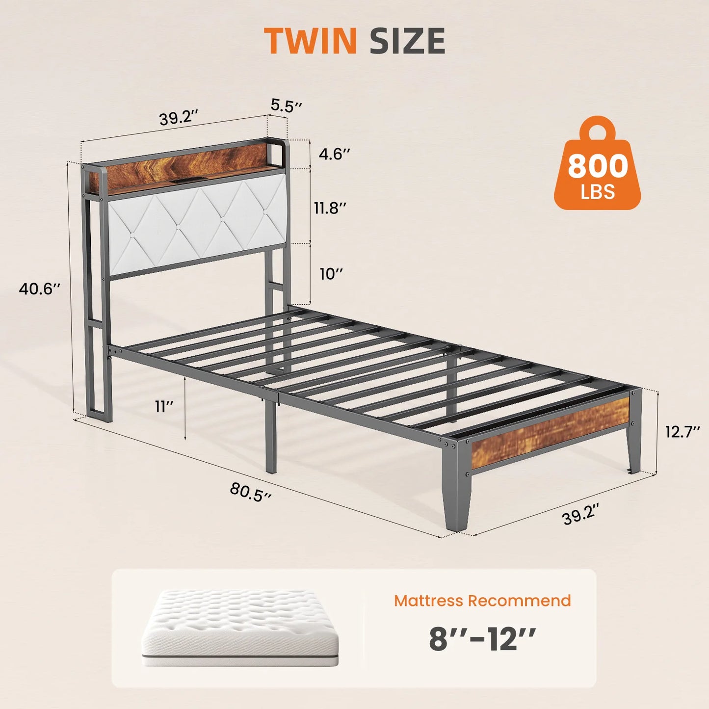 MCQ Twin Size Metal Bed Frame with Storage Headboard No Box Spring Needed Easy Assembly Durable Squeak-Free Frame With USB Charging Station For Home Bedroom