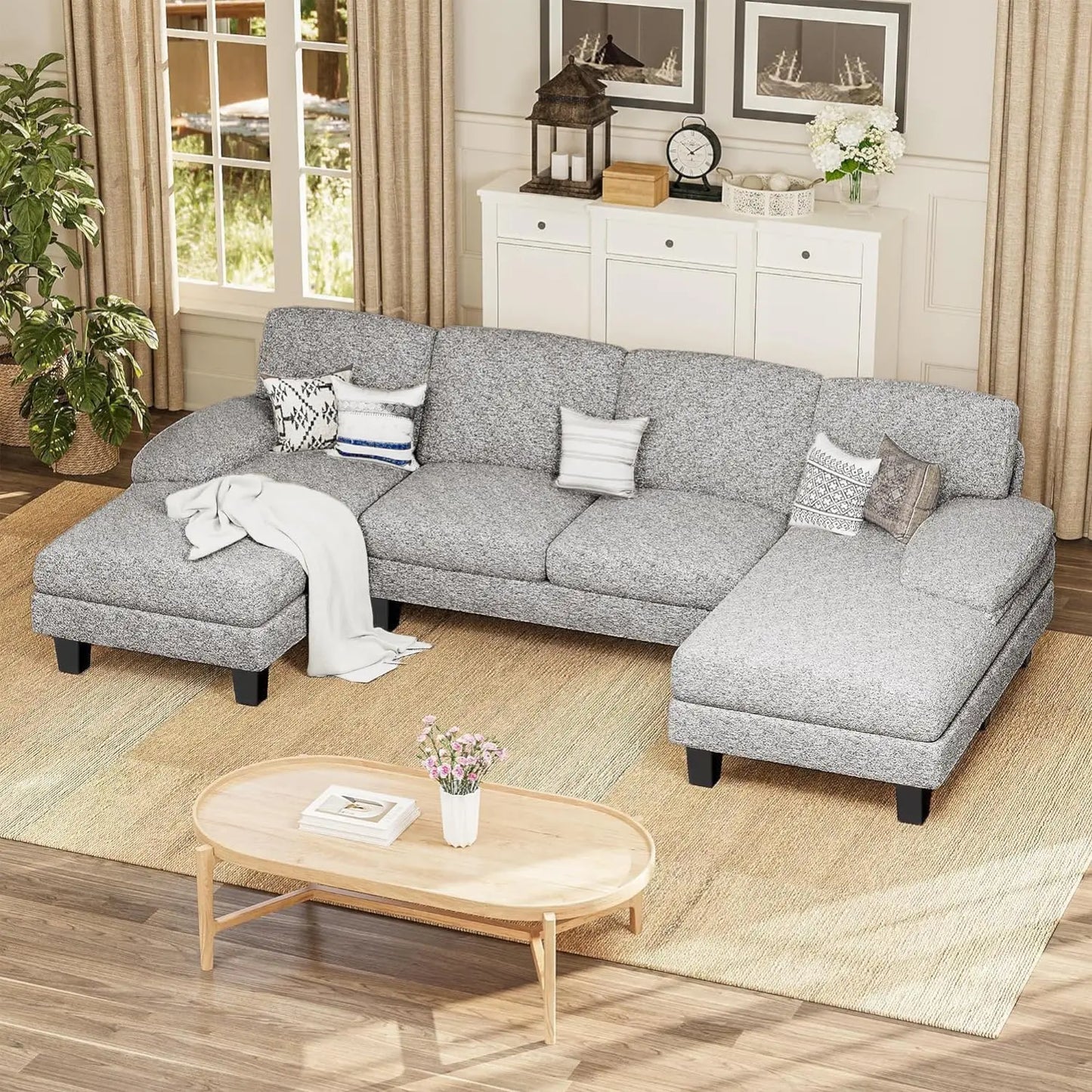 Sectional Couches for Living Room, U-Shaped Sofa Couch with Linen Fabric, 4 Seat Sofa Set with Double Chaise for, Custom