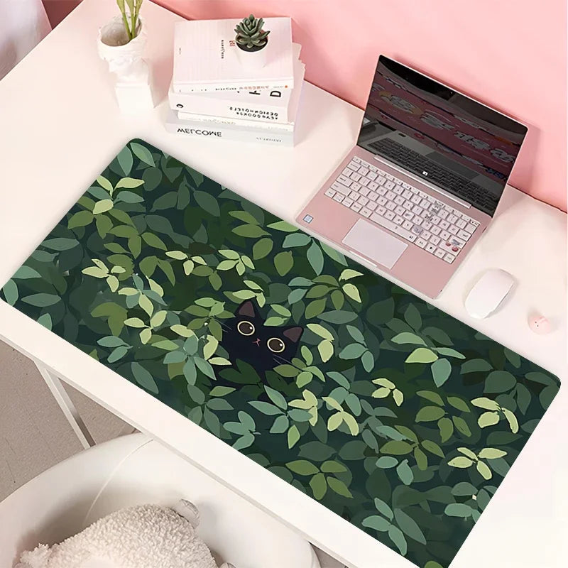 Clouds Black Cat Mouse Pad PC Green Plants Flower Gaming Keyboard Rug Laptop Kawaii Anime Gamer Cabint Mousepad Cute Desk Mat
